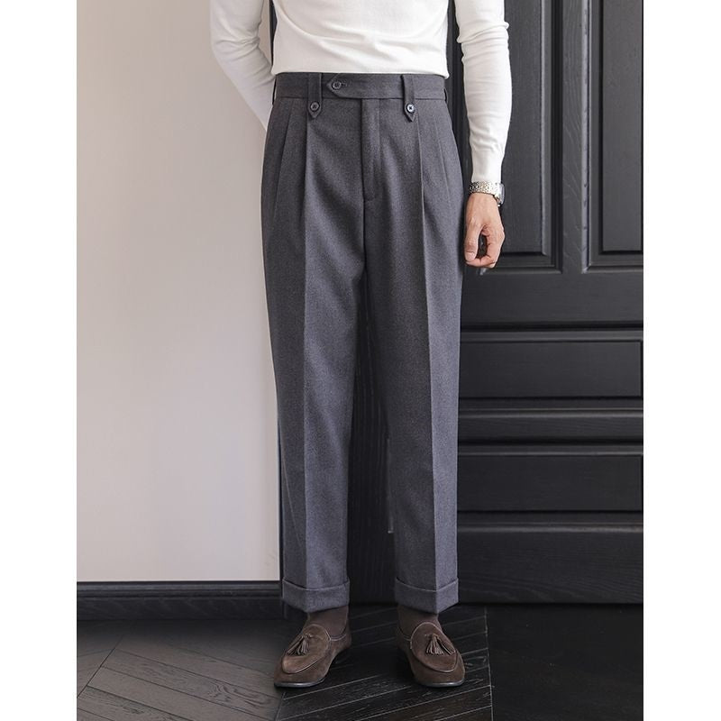 Men’s Naples High-Waisted Wool Dress Pants – Thick, Straight-Leg Casual Winter Trousers
