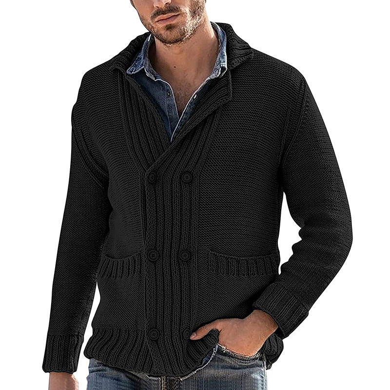 Men's Fashion Solid Color Lapel Long Sleeve Knit Acrylic Sweater