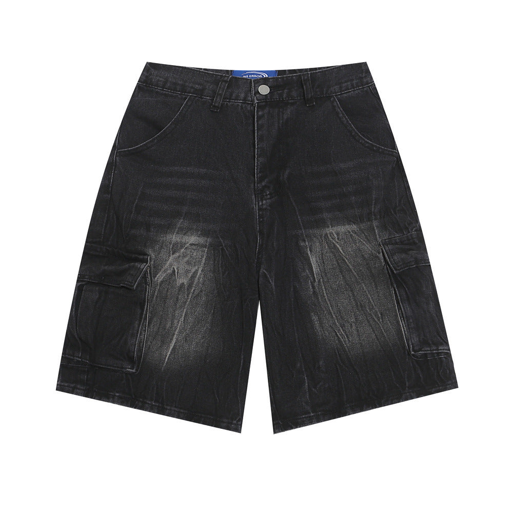 Distressed Washed Denim Cargo Pants Shorts For Men