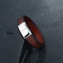 Men’s Casual Fashion Cowhide Leather Bracelet – Stainless Steel Clasp, Modern Wrist Accessory