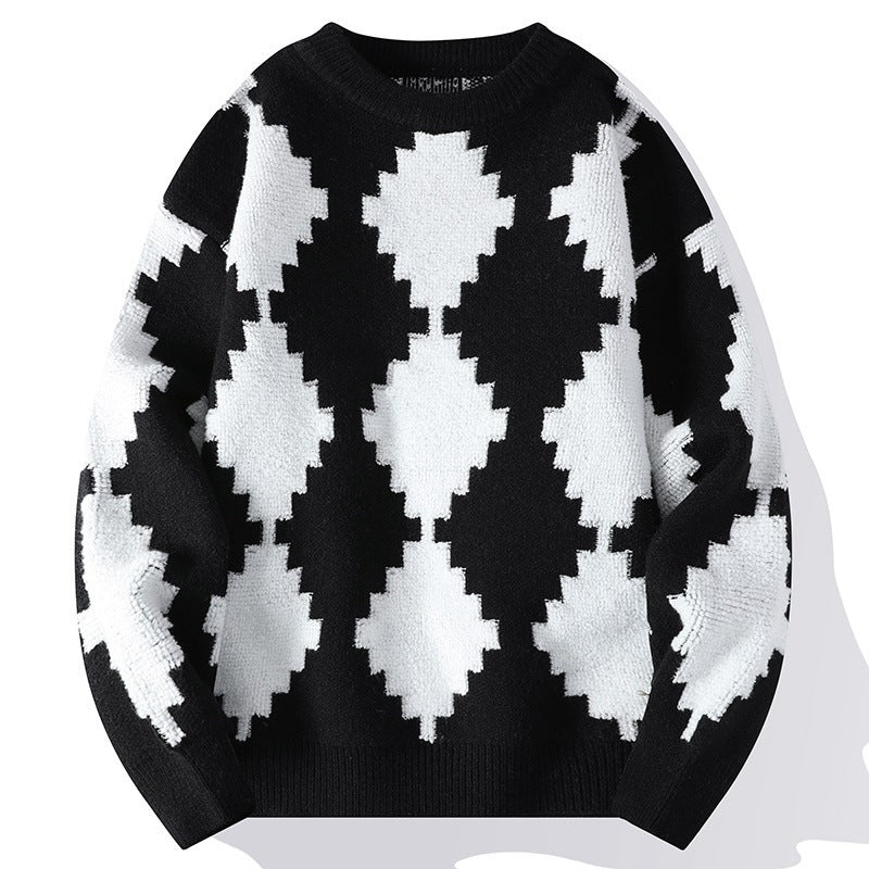 Black And White Contrast Rhomboid Round Neck Knit