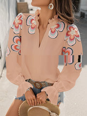 Ruffled V-Neck Puff Sleeve Blouse