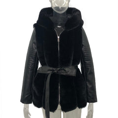 New Style Fur Belt Belt Hooded Zipper Jacket Women's Clothing