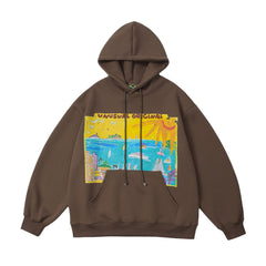 Cartoon Oil Painting Landscape Printed Pullover Sweatshirt Men