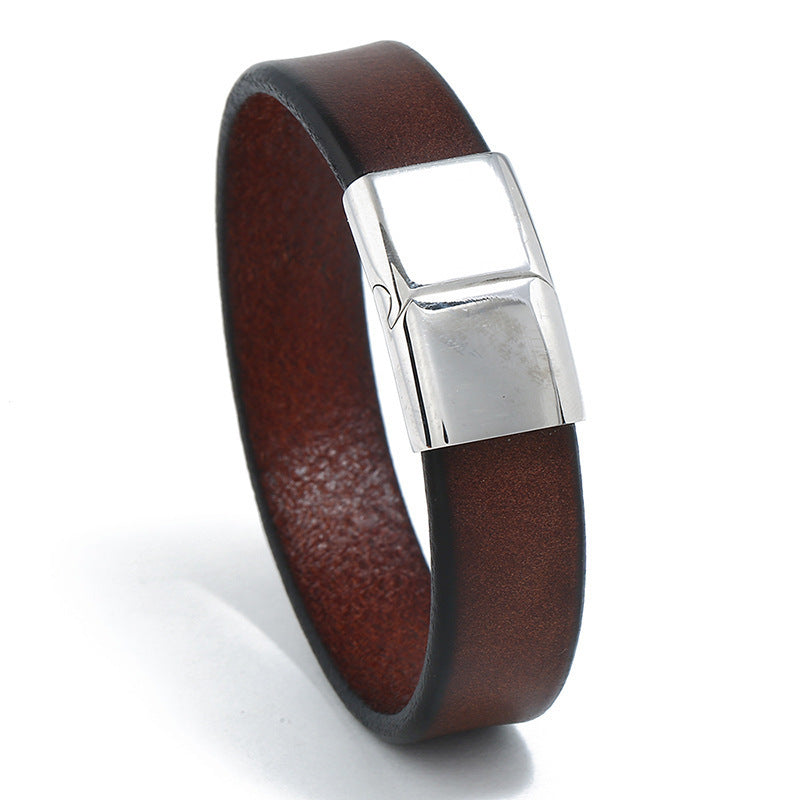 Men’s Casual Fashion Cowhide Leather Bracelet – Stainless Steel Clasp, Modern Wrist Accessory