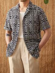 Vintage Embroidered Cotton Casual Cuban Collar Short Sleeve Printed Shirt