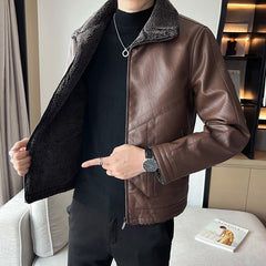 Hong Kong Style Velvet Padded Plus Size Men's Leather Jacket