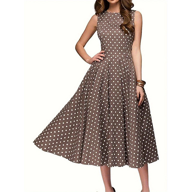 Women’s Vintage Polka Dot Dress – Sleeveless O-Neck Summer Cocktail Party Dress for Elegant Style