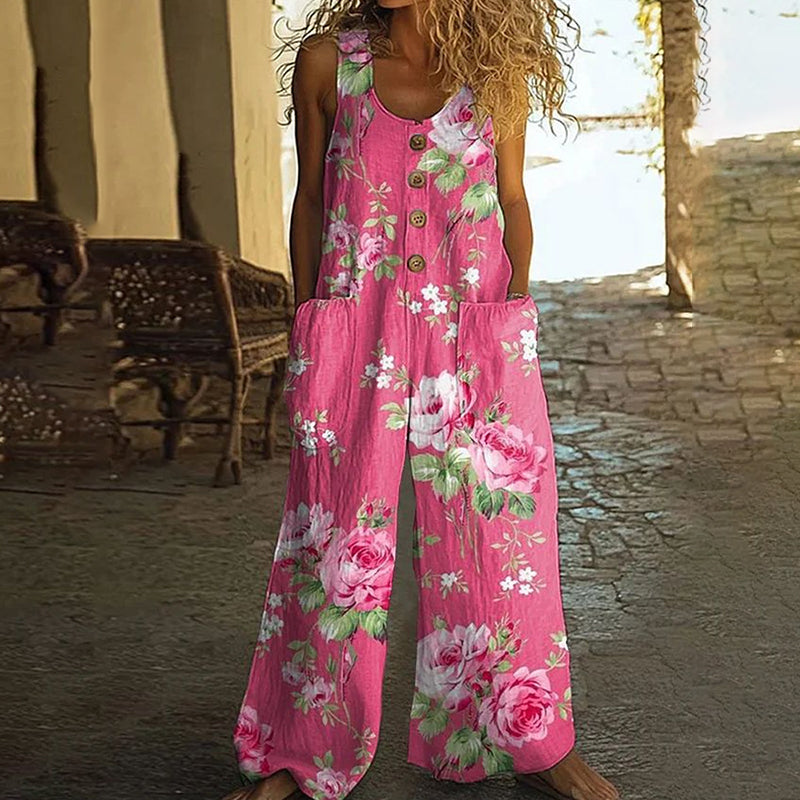 Women’s Vintage Floral Jumpsuit-Sleeveless Button-Front Romper with Pockets, Casual Loose-Fit Long Pants