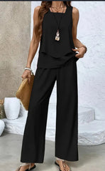 Print Suits Sleeveless Double-layer Vest And Loose Straight Pants Womens Clothing